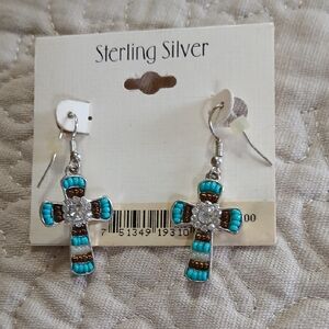 Sterling Silver Turquoise and Brown Cross Earrings